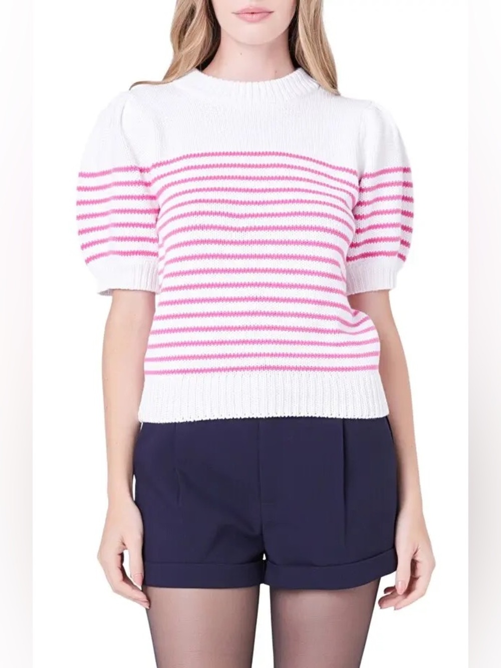 English factory cotton stripe puffy sleeve short sleeve sweater top